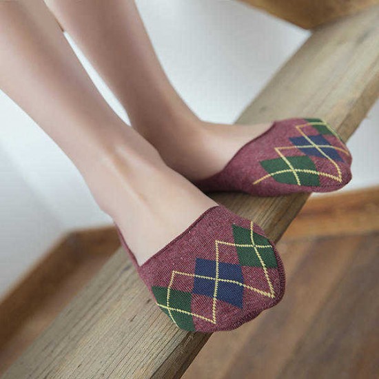 Women Plaid Cotton Breathable Invisible Socks Antiskid Soft Low Cut Boat Socks