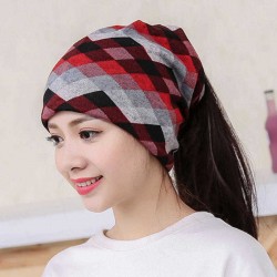 Women Plaid Slouchy Ponytail Beanie Caps Scarf Outdoor Messy High Bun Skullcap