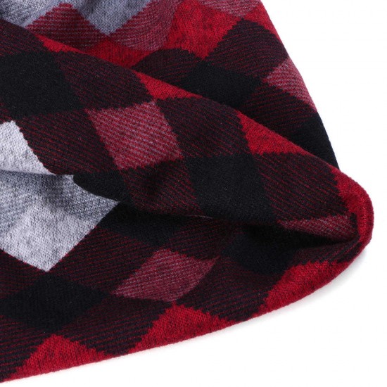 Women Plaid Slouchy Ponytail Beanie Caps Scarf Outdoor Messy High Bun Skullcap