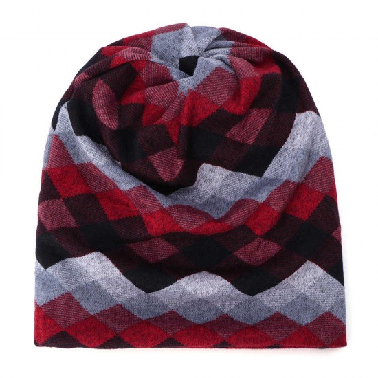 Women Plaid Slouchy Ponytail Beanie Caps Scarf Outdoor Messy High Bun Skullcap