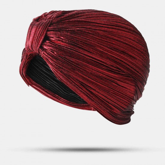 Women Pleated Beanie Hat Solid Color Simple Turban Cap