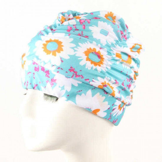 Women Plus Size Folding Pleated Cloth Flower Swimming Cap Ears Protection Cloth Bathing Cap