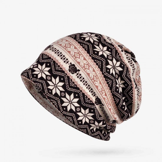 Women Plus Velvet Snowflake Print Multi-purpose Beanie Hats Scraf Outdoor Warm Cap Collar