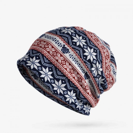 Women Plus Velvet Snowflake Print Multi-purpose Beanie Hats Scraf Outdoor Warm Cap Collar