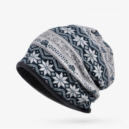 Women Plus Velvet Snowflake Print Multi-purpose Beanie Hats Scraf Outdoor Warm Cap Collar