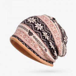 Women Plus Velvet Snowflake Print Multi-purpose Beanie Hats Scraf Outdoor Warm Cap Collar