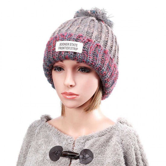 Women Plush Lining Wool Ball Knitting Mix-color Hat Winter Warm Ski Braided Crochet Beanie Cap