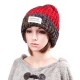 Women Plush Lining Wool Ball Knitting Mix-color Hat Winter Warm Ski Braided Crochet Beanie Cap