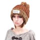 Women Plush Lining Wool Ball Knitting Mix-color Hat Winter Warm Ski Braided Crochet Beanie Cap