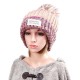 Women Plush Lining Wool Ball Knitting Mix-color Hat Winter Warm Ski Braided Crochet Beanie Cap