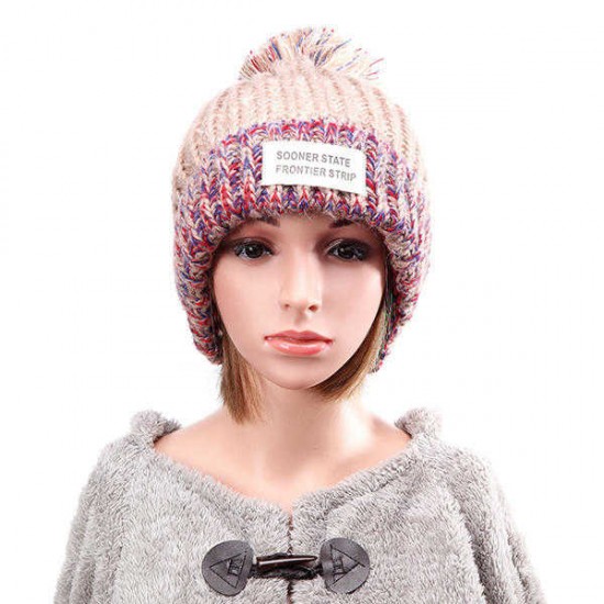 Women Plush Lining Wool Ball Knitting Mix-color Hat Winter Warm Ski Braided Crochet Beanie Cap