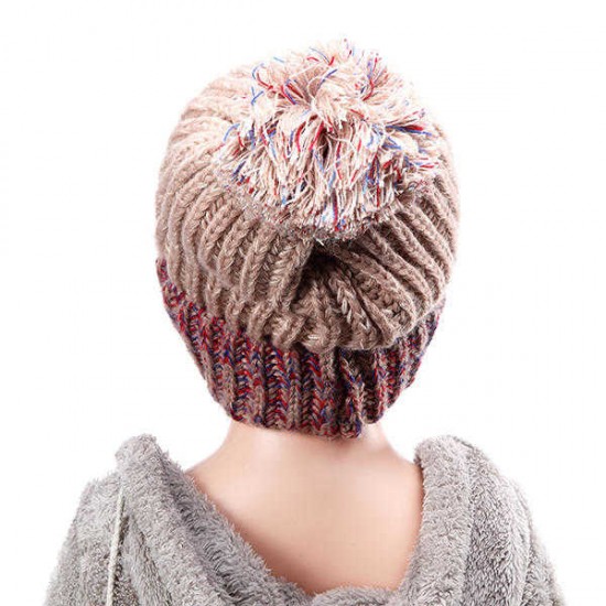 Women Plush Lining Wool Ball Knitting Mix-color Hat Winter Warm Ski Braided Crochet Beanie Cap