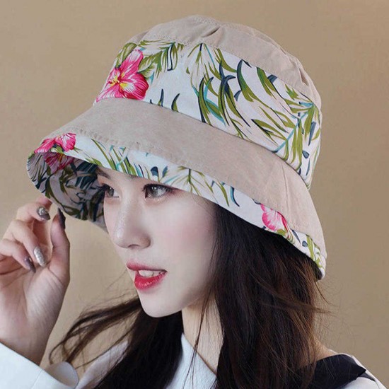 Women Polyester Ethnic Style UV Protection Bucket Cap Large Brim Sun Fishing Hat