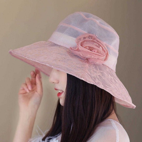 Women Polyester Floral Transparent Wide Brimmed Bucket Hat Sun Protection Fisherman Cap