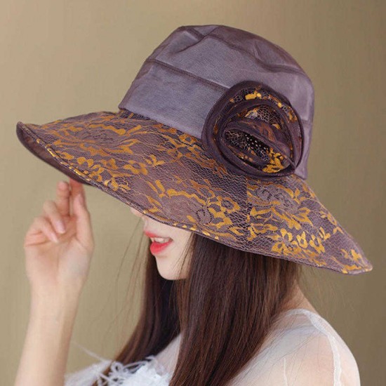 Women Polyester Floral Transparent Wide Brimmed Bucket Hat Sun Protection Fisherman Cap