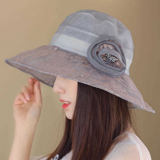 Women Polyester Floral Transparent Wide Brimmed Bucket Hat Sun Protection Fisherman Cap