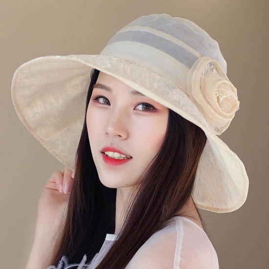 Women Polyester Floral Transparent Wide Brimmed Bucket Hat Sun Protection Fisherman Cap