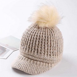 Women Pompom Knitted Baseball Cap Casual Winter Warm Plush Lining Woolen Caps