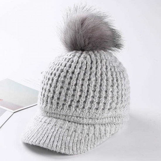 Women Pompom Knitted Baseball Cap Casual Winter Warm Plush Lining Woolen Caps