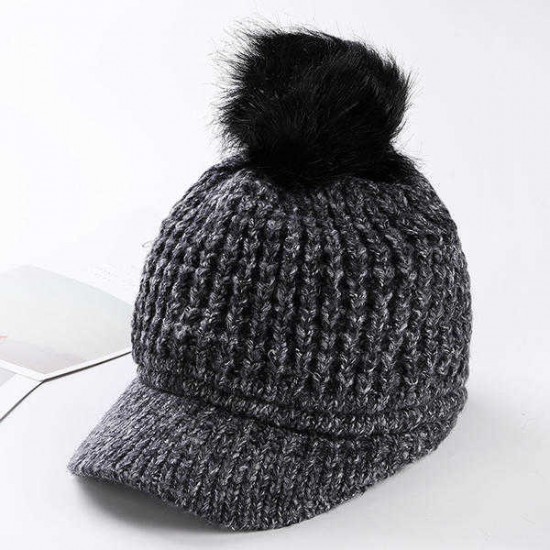 Women Pompom Knitted Baseball Cap Casual Winter Warm Plush Lining Woolen Caps