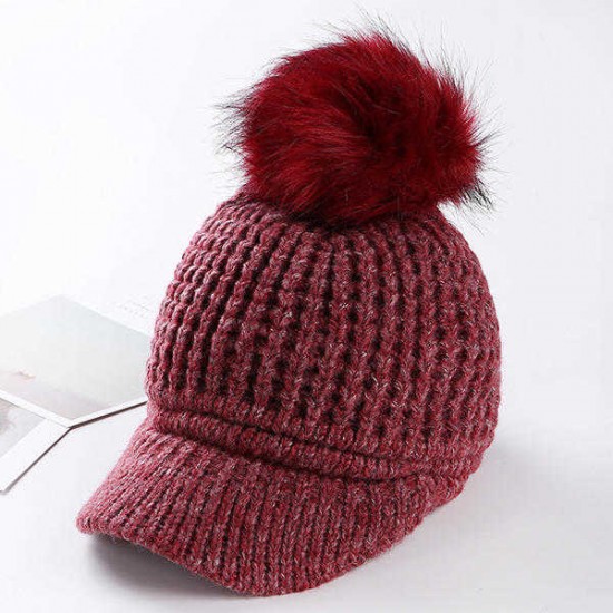 Women Pompom Knitted Baseball Cap Casual Winter Warm Plush Lining Woolen Caps