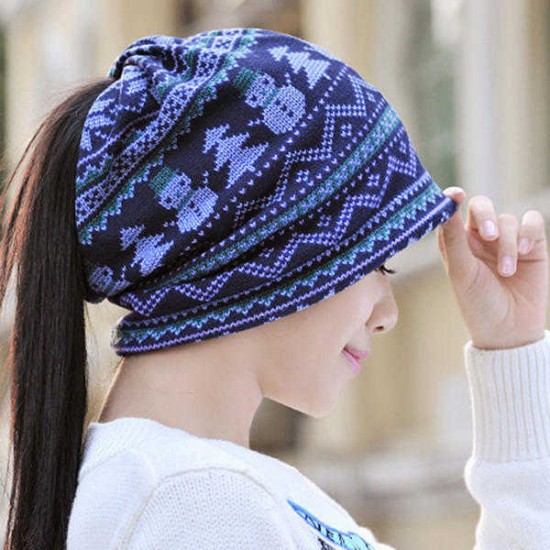 Women Print Cotton Warm Beanie Hats Multi-function Soft Collar Scarf Daul-use