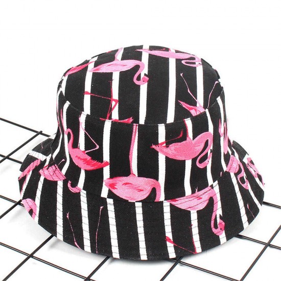 Women Print Flamingo Canvas Double-Sided Wear Outdoor Sunshade Fisherman Hat