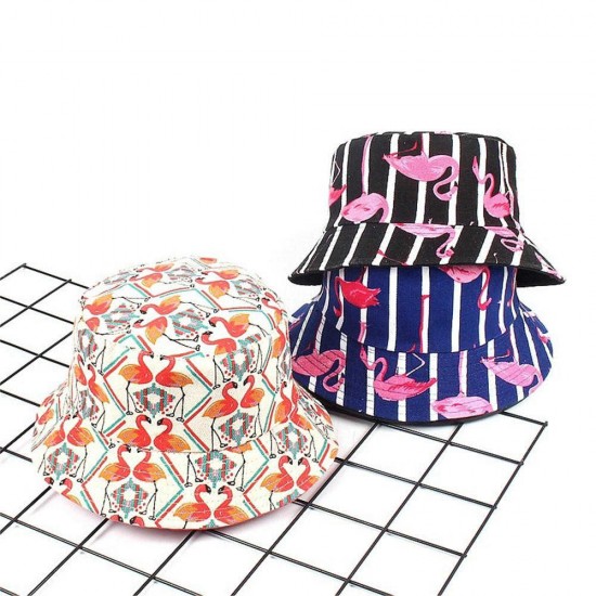 Women Print Flamingo Canvas Double-Sided Wear Outdoor Sunshade Fisherman Hat