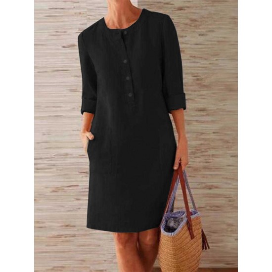 Women Pure Color O-Neck Side Pockets Long Sleeve Dress