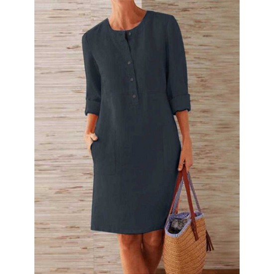 Women Pure Color O-Neck Side Pockets Long Sleeve Dress