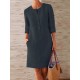 Women Pure Color O-Neck Side Pockets Long Sleeve Dress