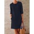 Women Pure Color O-Neck Side Pockets Long Sleeve Dress