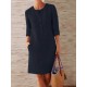 Women Pure Color O-Neck Side Pockets Long Sleeve Dress