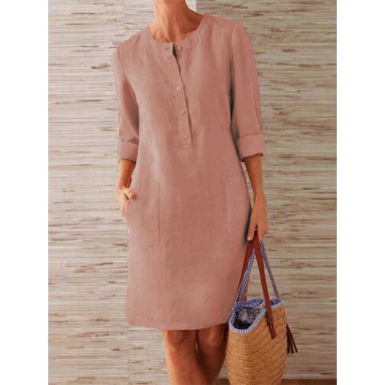 Women Pure Color O-Neck Side Pockets Long Sleeve Dress