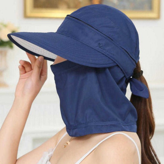 Women Removable Uv Protection Brimmed Floppy Hat Summer Vacation Caps with Face Mask Visor