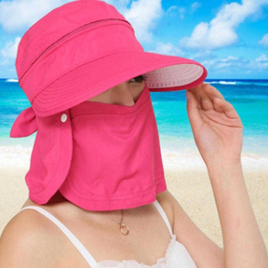 Women Removable Uv Protection Brimmed Floppy Hat Summer Vacation Caps with Face Mask Visor