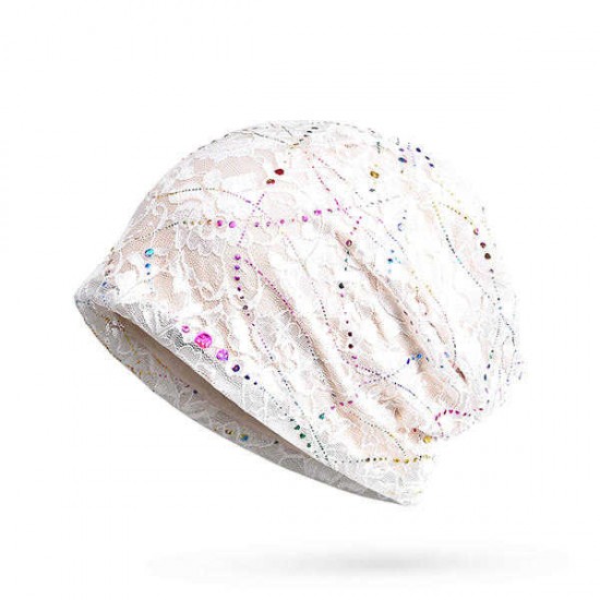 Women Rhinestone Striped Cotton Beanie Hat Casual Flexible Autumn Warm Skullies Cap