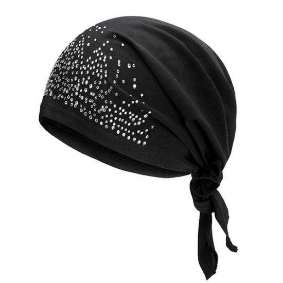 Women Rhinestones Cotton Elastic Skullies Beanie Hat Casual Solid Hedging Cap