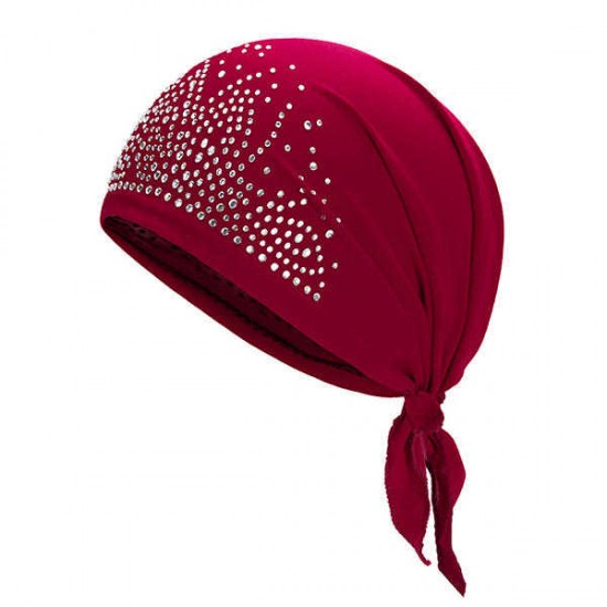 Women Rhinestones Cotton Elastic Skullies Beanie Hat Casual Solid Hedging Cap