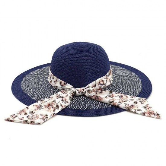 Women Ribbon Bow Foldable Sunscreen Bucket Straw Hat Outdoor Casual Travel Beach Sea Floppy Hat