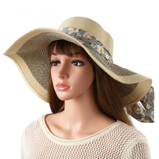 Women Ribbon Bow Foldable Sunscreen Bucket Straw Hat Outdoor Casual Travel Beach Sea Floppy Hat