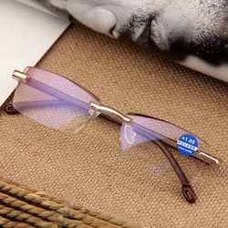 Women Round Rimless Reader Reading Glasses Rhinestone Anti-blue Light Computer Glasses