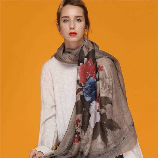 Women Satin Printing Scarves Breathable Vintage Cotton And Linen Lightweight Scarf