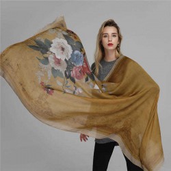 Women Satin Printing Scarves Breathable Vintage Cotton And Linen Lightweight Scarf