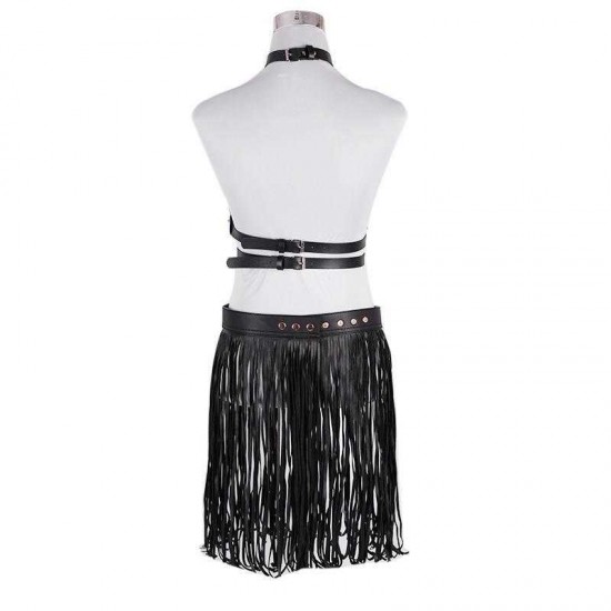 Women Short Fringe Belt Suit Black Polyester Belts Rivet Short Tassels Buckle Belt Suit