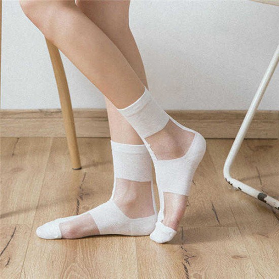 Women Small Squares Crystal Silk Socks Breathable Elastic Middle Tube Socks