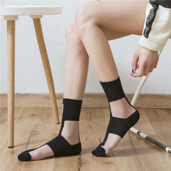 Women Small Squares Crystal Silk Socks Breathable Elastic Middle Tube Socks