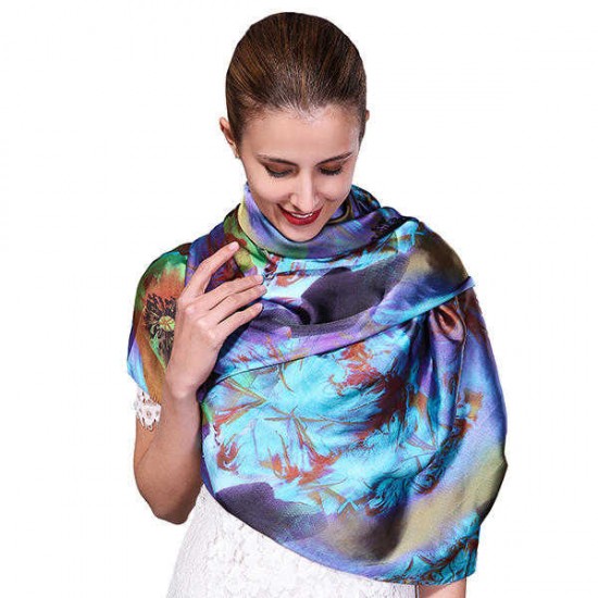 Women Soft Printing Satin Silk Scarves Outdoor Summer Sunscreen Beach Shawl Towel