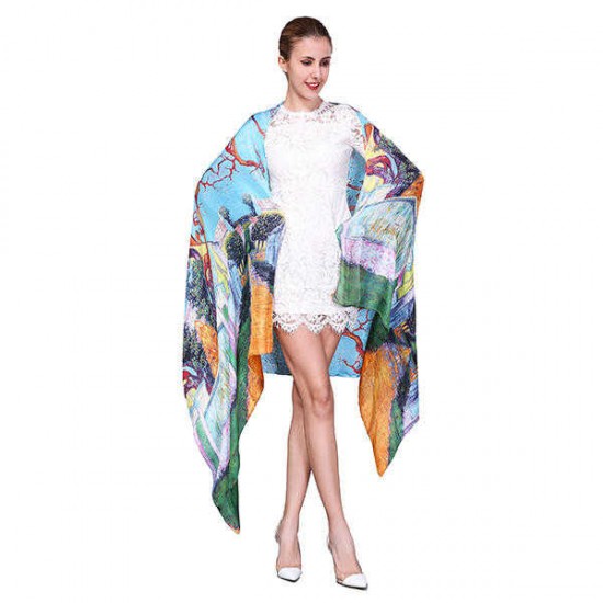 Women Soft Printing Satin Silk Scarves Outdoor Summer Sunscreen Beach Shawl Towel