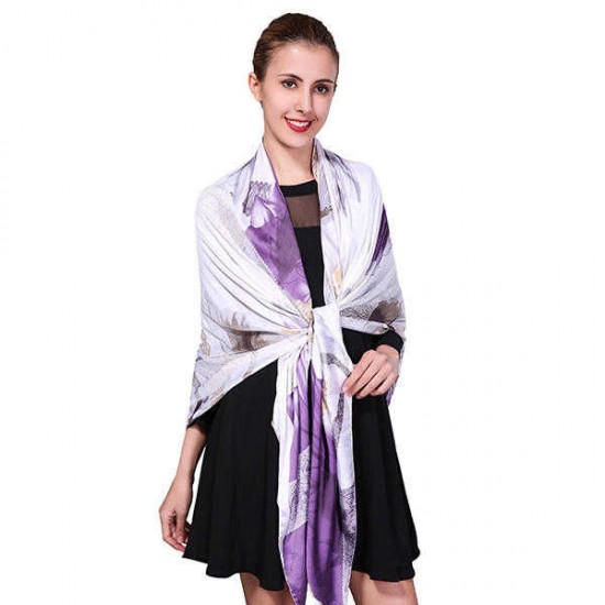 Women Soft Printing Satin Silk Scarves Outdoor Summer Sunscreen Beach Shawl Towel